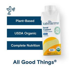 Closeup of Kate Farms Renal Support Shake ingredients featuring broccoli and green tea