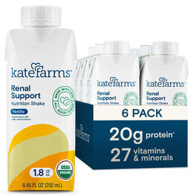 Kate Farms Renal Support Shake Vanilla bottle with balanced nutrients for renal-friendly nutrition.