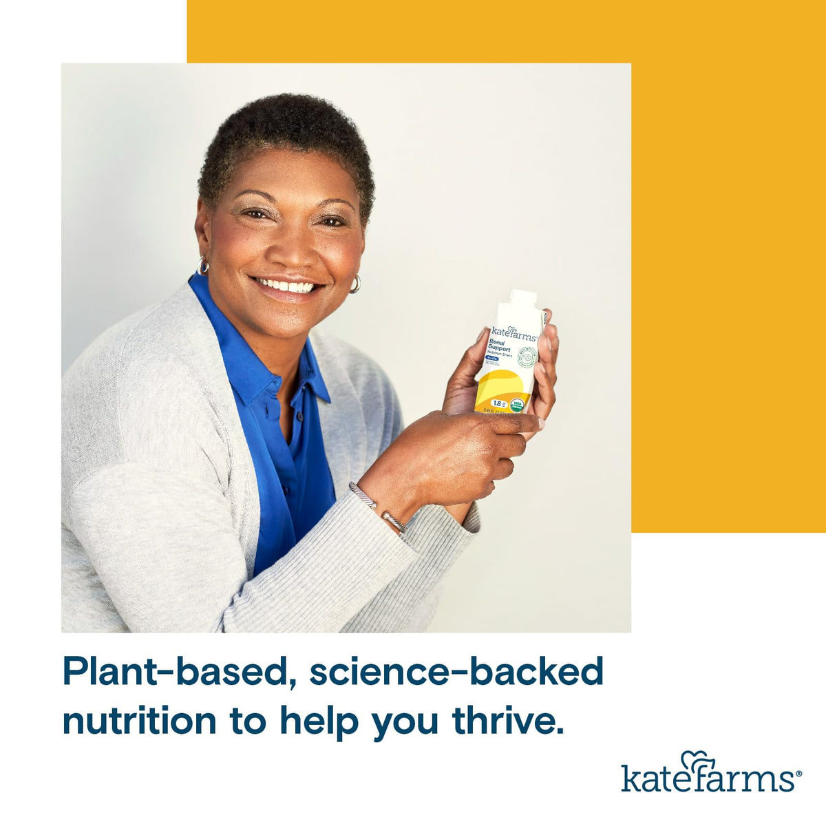 Kate Farms Renal Support Shake Vanilla certifications badge indicating non-GMO and organic.