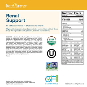 Kate Farms Renal Support Shake Vanilla gluten-free label for dietary needs.