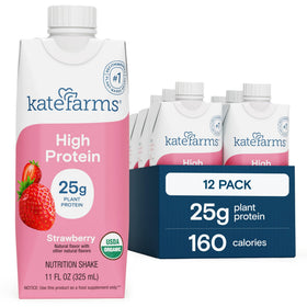 Kate Farms strawberry shake bottle ready for on-the-go high-protein nutrition