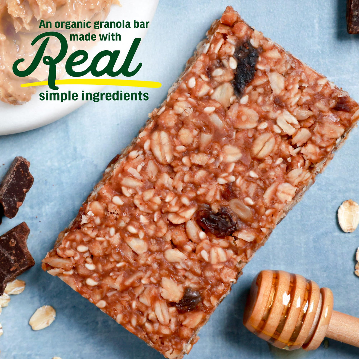Closeup of Kate's energy bar with peanut butter and dark chocolate, tasty and satisfying