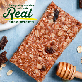 Closeup of Kate's energy bar with peanut butter and dark chocolate, tasty and satisfying