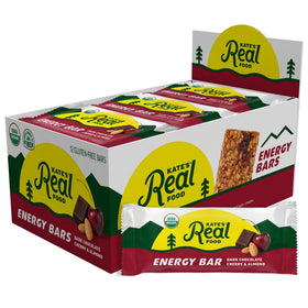 Kate's Real Food dark chocolate cherry almond bar packaging offers on-the-go fuel for outdoor adventures.