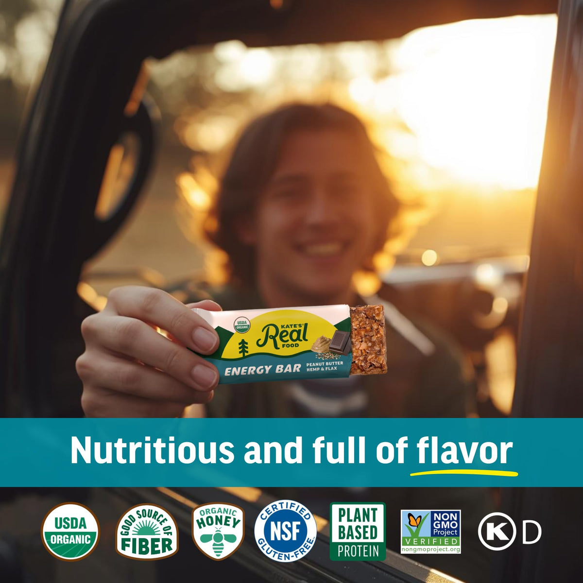 Kate’s Real Food granola bar on desk for quick snacking.