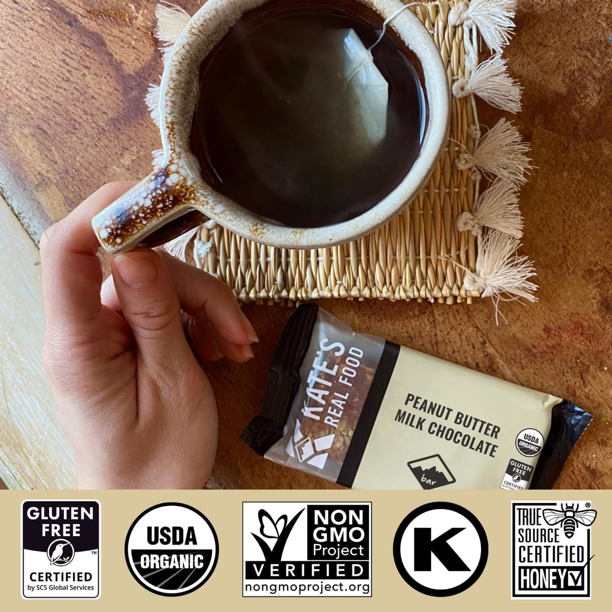 Outdoor hiking scene featuring Kate's Real Food granola bar for adventure-ready snacking.