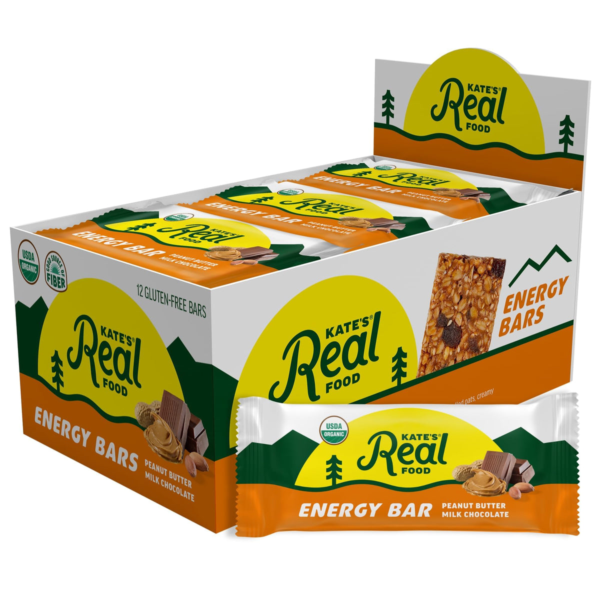 Kate's Real Food granola bar packaging with peanut butter milk chocolate for on-the-go energy.