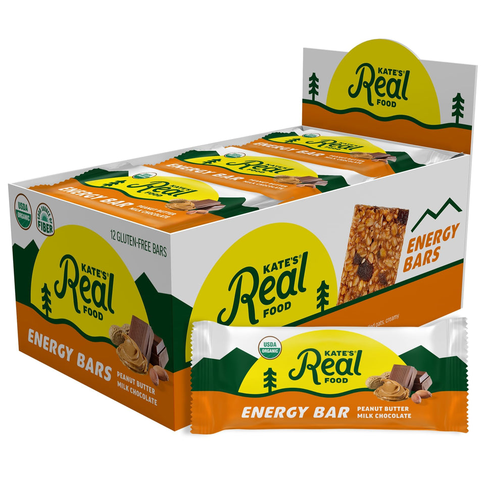 Kate's Real Food granola bar packaging with peanut butter milk chocolate for on-the-go energy.