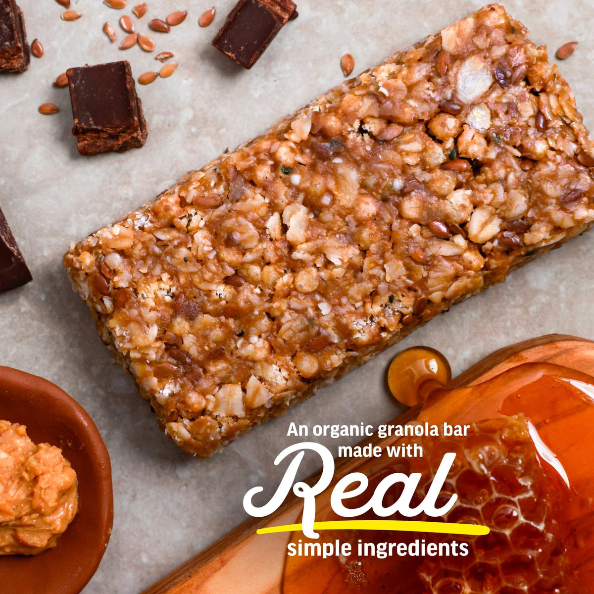 Close-up of Kate’s Real Food granola bar ingredients with organic oats and honey.