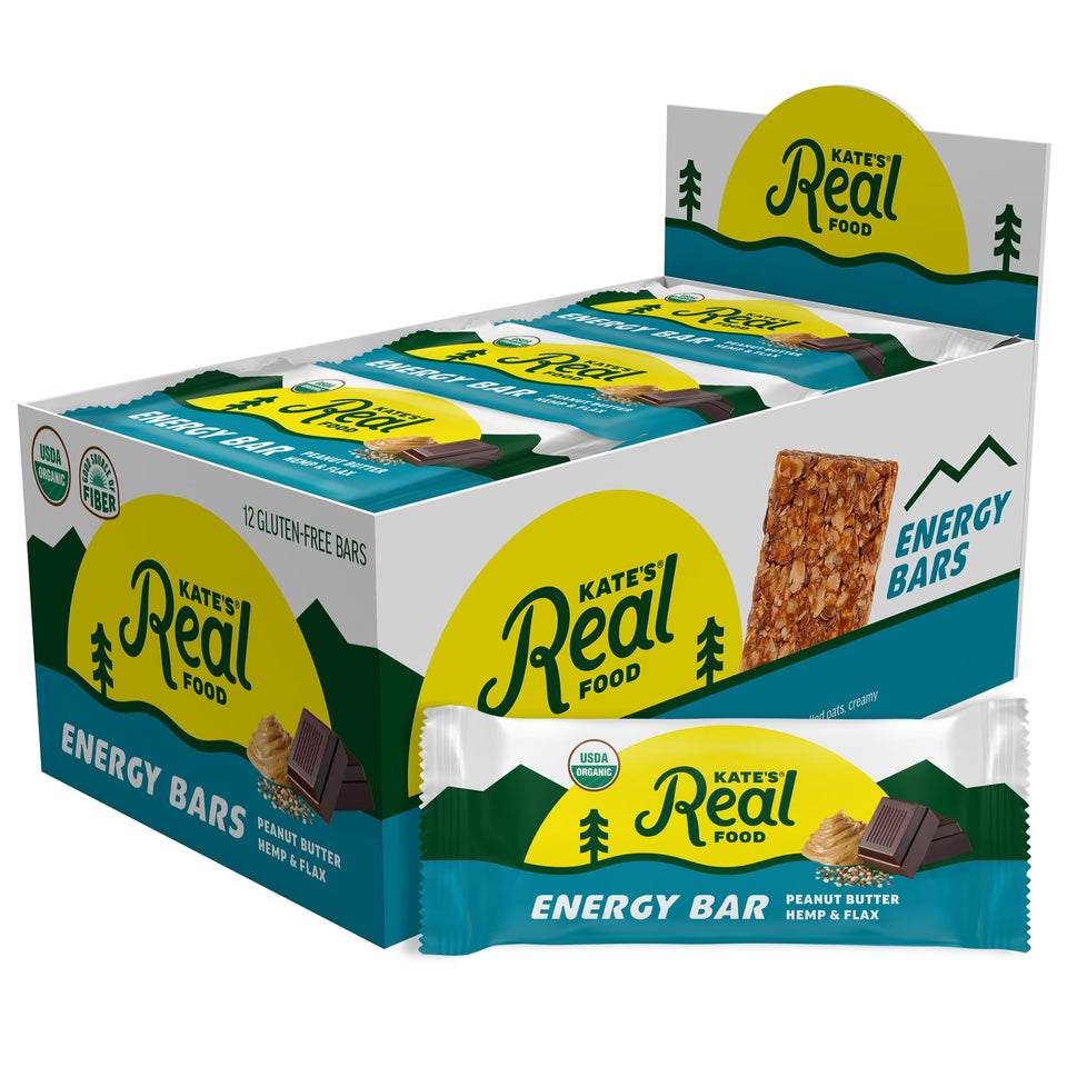 Kate’s Real Food granola bar with peanut butter hemp flax for portable energy.