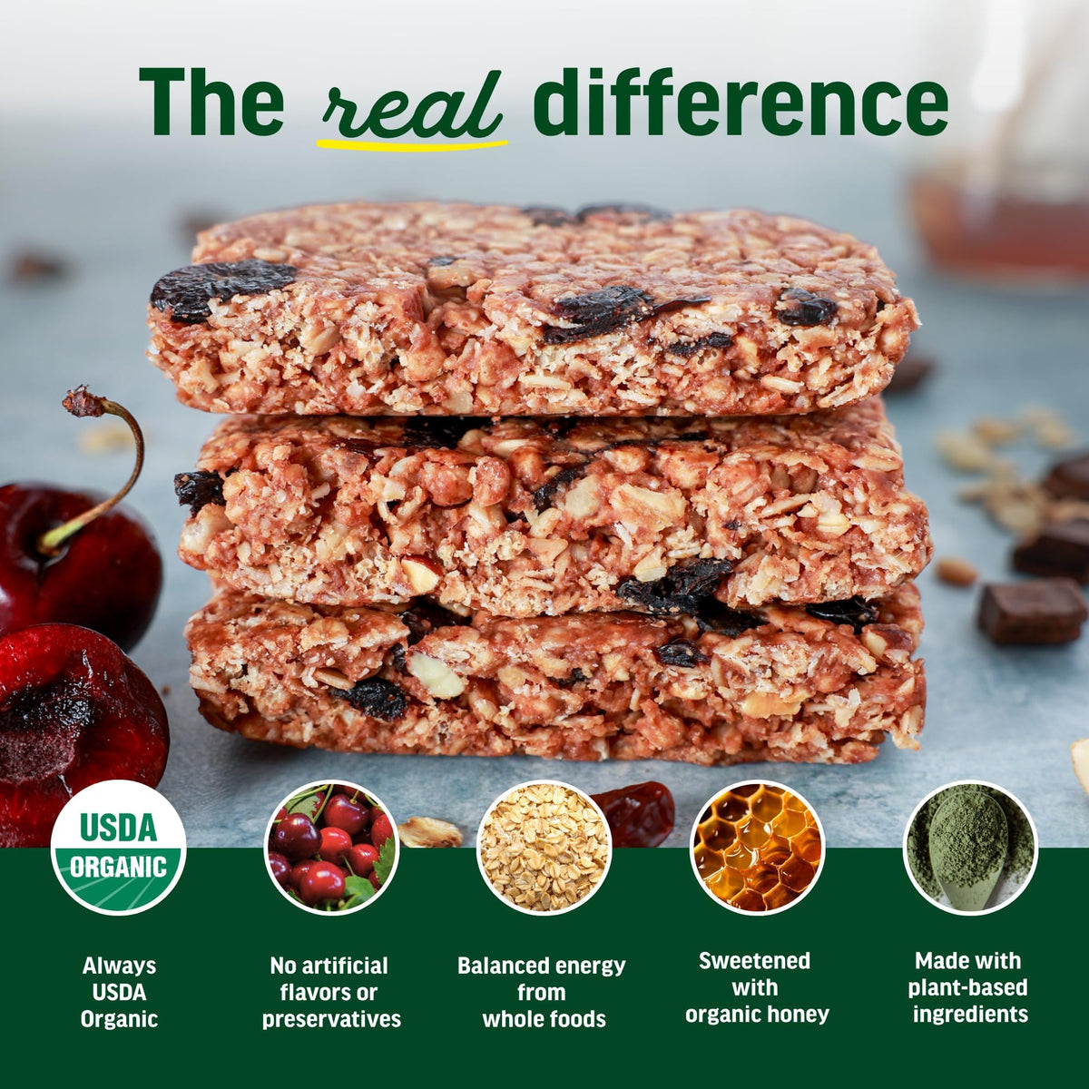 Kate's Real Food honey drizzle emphasizes natural sweetness and clean energy.