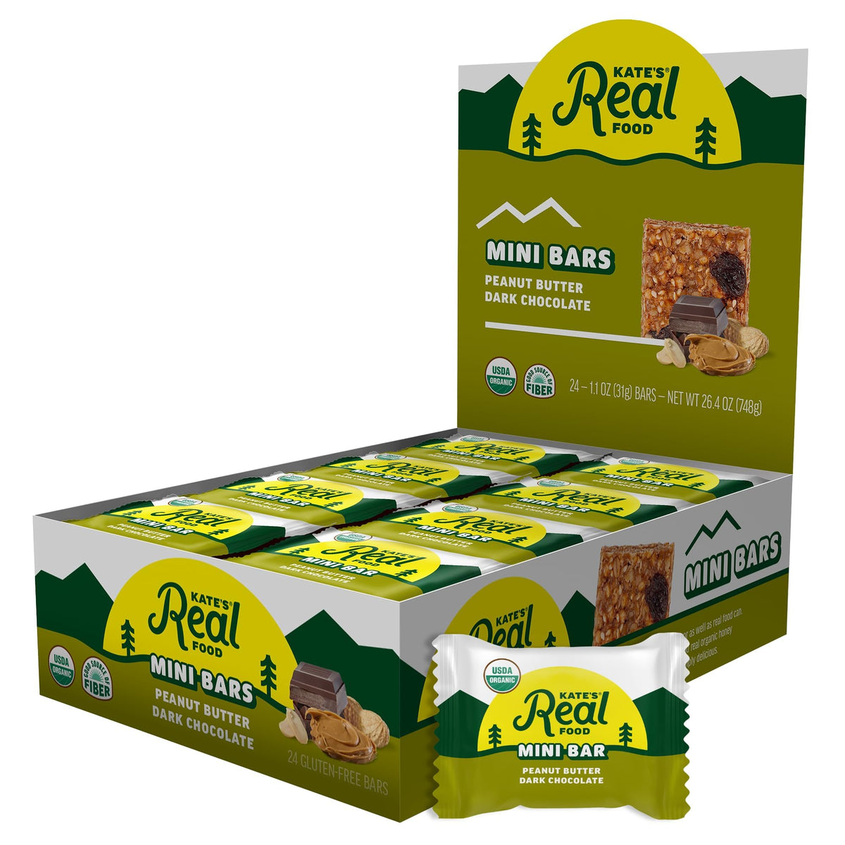 Kate’s Real Food mini granola bars, peanut butter dark chocolate, pack-front for on-the-go energy.