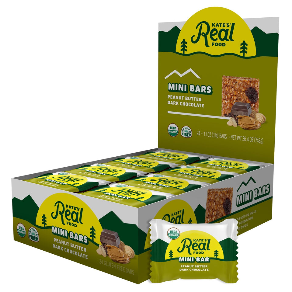 Kate’s Real Food mini granola bars, peanut butter dark chocolate, pack-front for on-the-go energy.