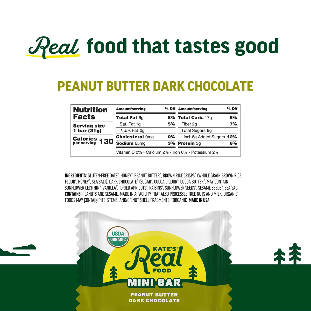 Kate’s Real Food mini granola bars with organic ingredients and non-GMO label.