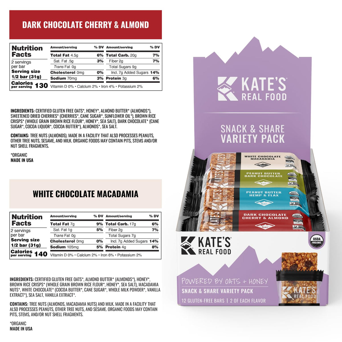 Kate's Real Food bars feature gluten-free oats and non-GMO ingredients