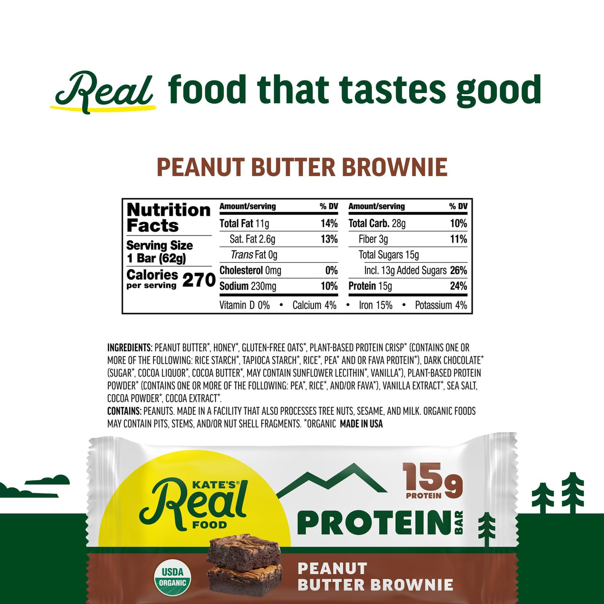 Kate's Real Food Organic ingredients image underscores non-GMO, gluten-free, whole-grain snack potential.