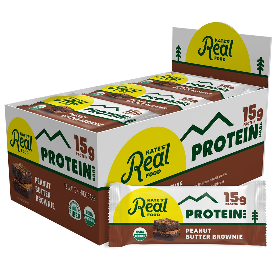 Kate's Real Food Peanut Butter Brownie pack front view showing a convenient, on-the-go protein snack.