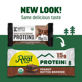 Kate's Real Food Peanut Butter Brownie ingredients showcase organic, real-food elements like nuts and honey.