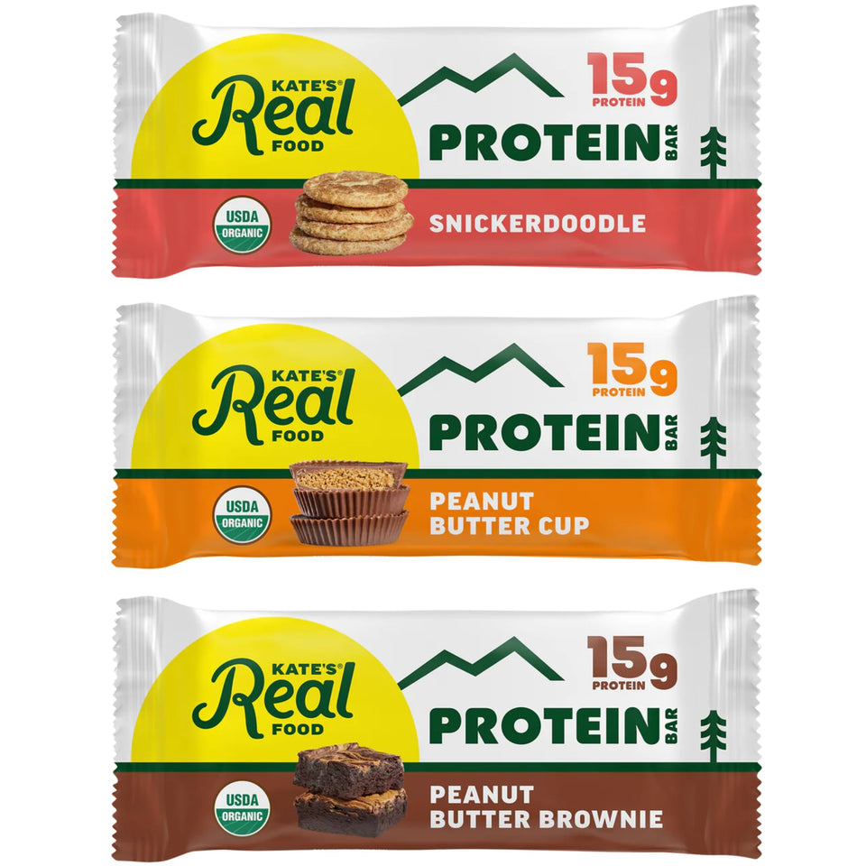 Kate's Real Food protein bar peanut butter cup for active days with plant-based protein