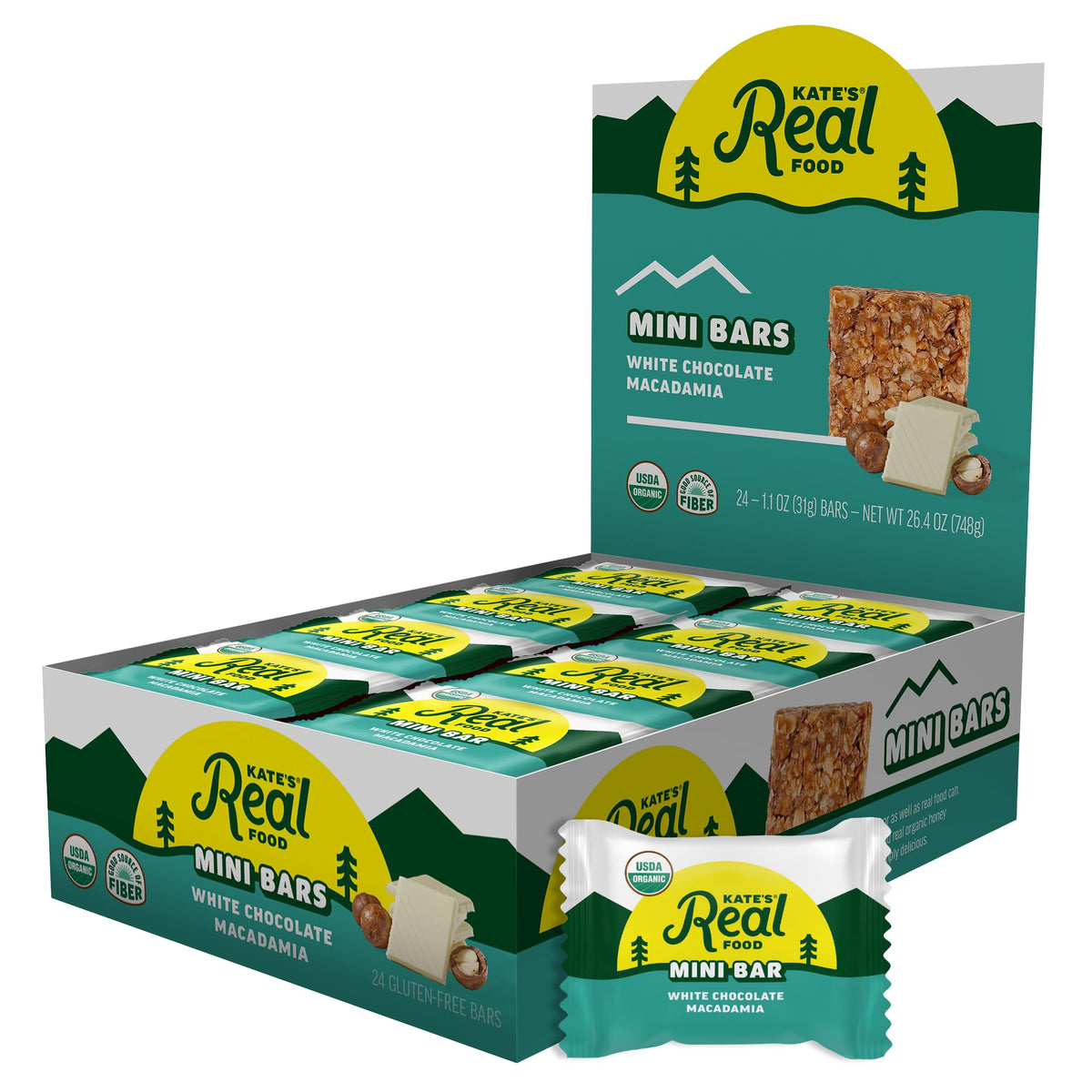 Kate’s Real Food white chocolate macadamia bar front pack offers portable energy.