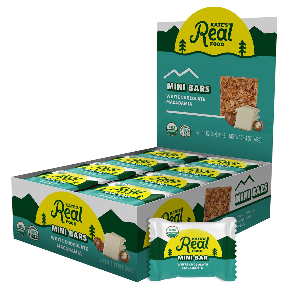 Kate’s Real Food white chocolate macadamia bar front pack offers portable energy.