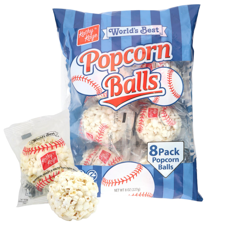 Kathy Kaye baseball popcorn ball collection—savory, shareable game-day snacks.
