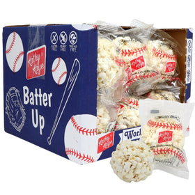 Kathy Kaye popcorn balls in baseball display case for party or game day