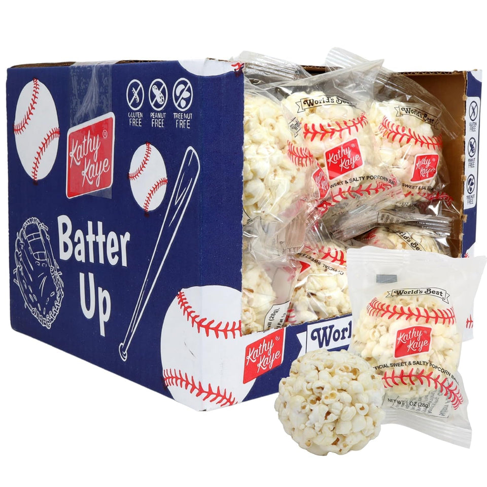 Kathy Kaye popcorn balls in baseball display case for party or game day