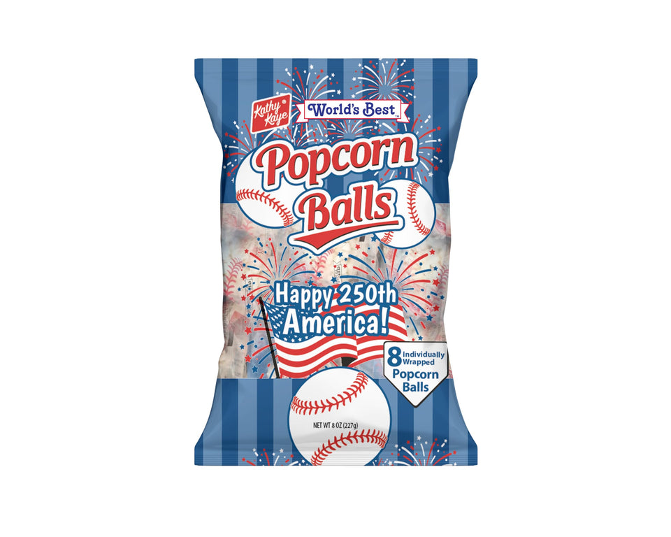 Kathy Kaye Baseball Popcorn Balls in display case for game day snacking.