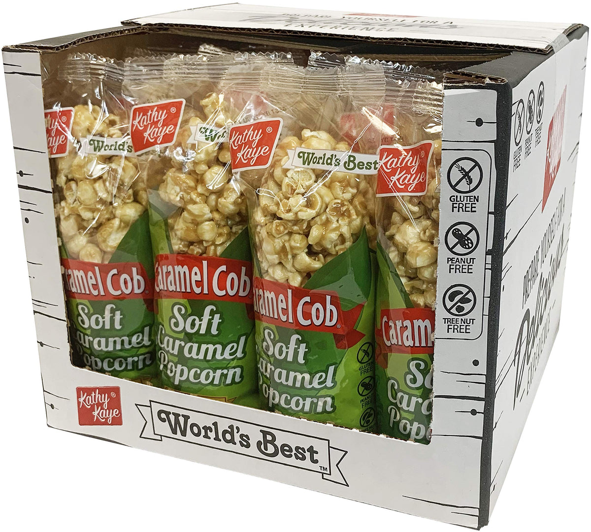 Kathy Kaye Caramel Cob popcorn packaging with individually wrapped bars for easy snacking.