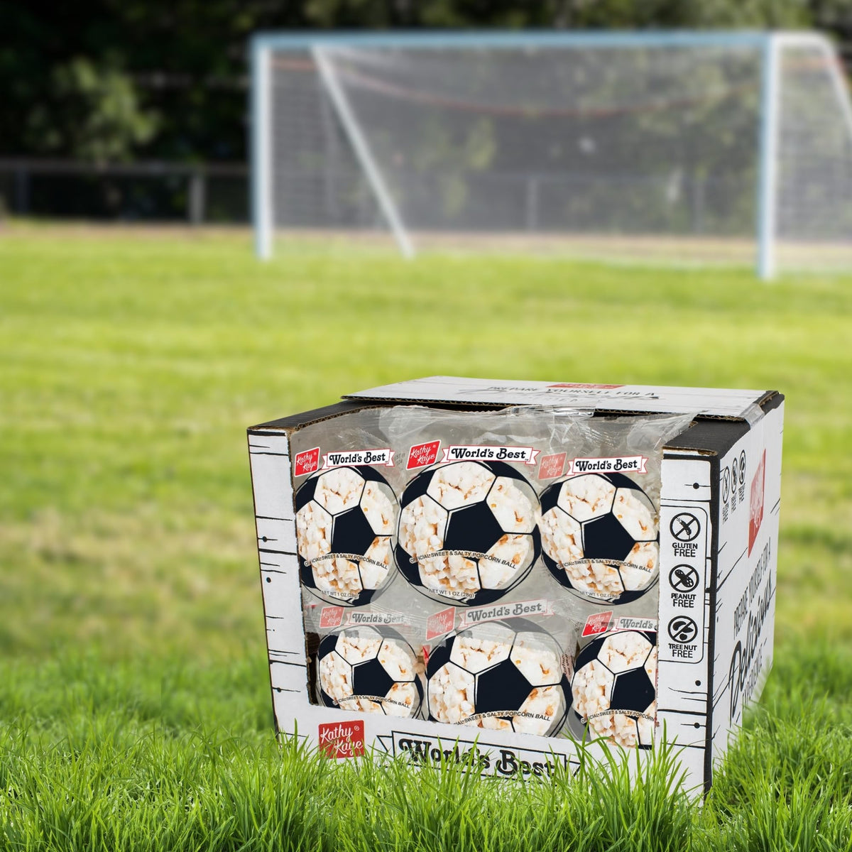 Made in the USA Kathy Kaye popcorn balls, suitable for lunches and celebrations.