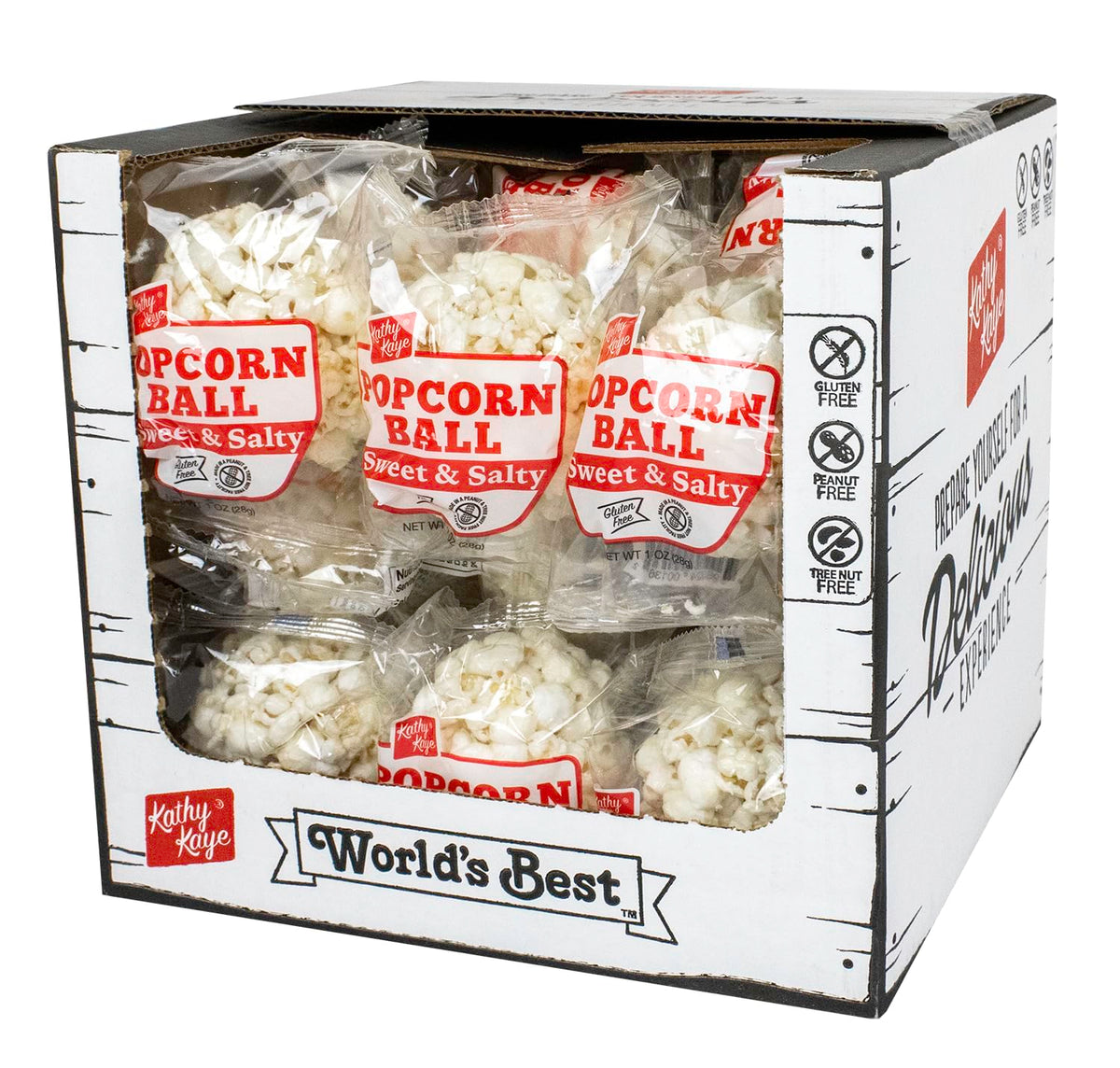 Kathy Kaye popcorn balls 24-pack box display, ideal party favors and gifts.