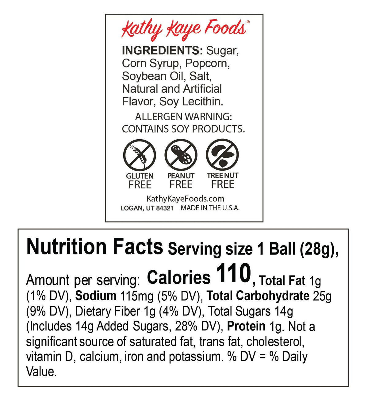Kathy Kaye popcorn balls on display, gluten-free and nut-free treat option.