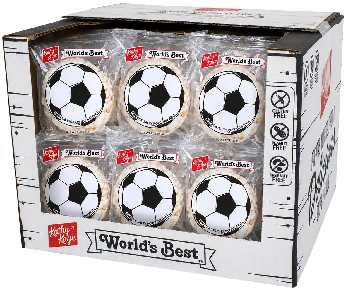 Kathy Kaye Soccer Popcorn Balls in a display box, ideal for party favors.