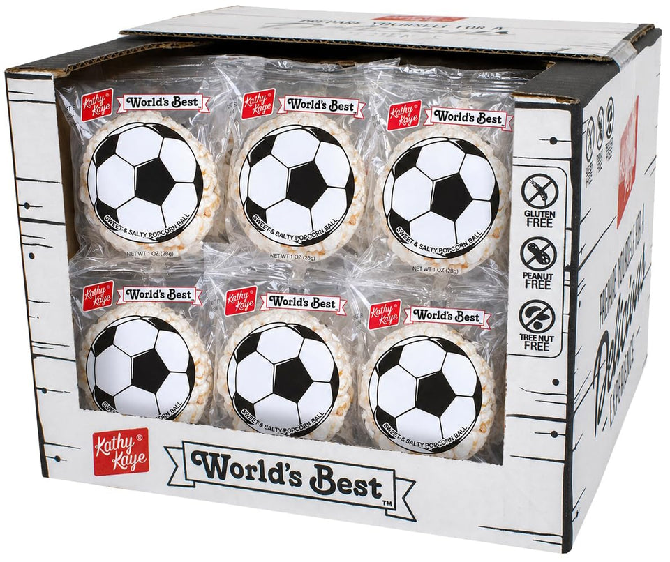 Kathy Kaye Soccer Popcorn Balls in a display box, ideal for party favors.