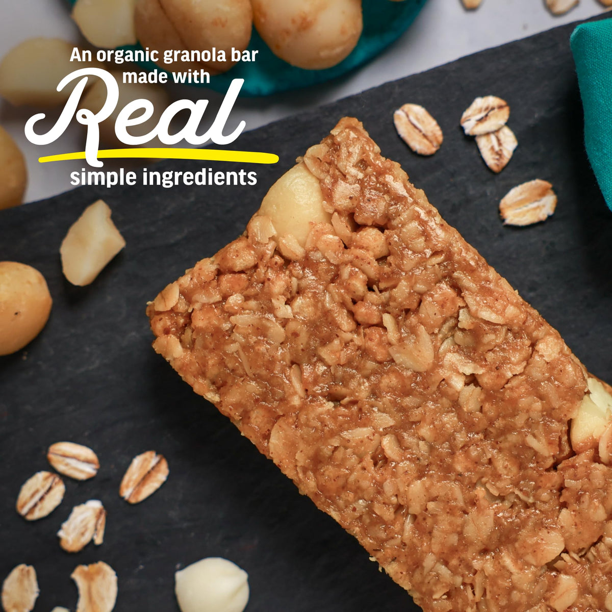 Kate’s Real Food granola bars closeup shows chewy texture and creamy white chocolate.