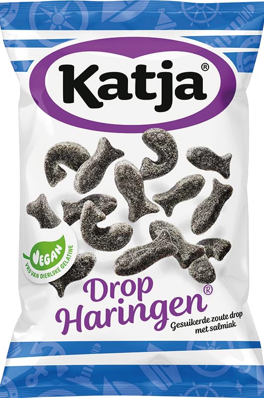 Katja Drop Haringen licorice gummies pack shot showing soft, chewy texture and sweet-salty flavor