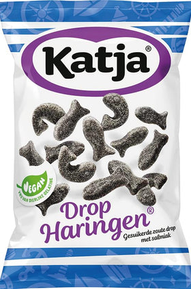 Katja Drop Haringen licorice gummies pack shot showing soft, chewy texture and sweet-salty flavor