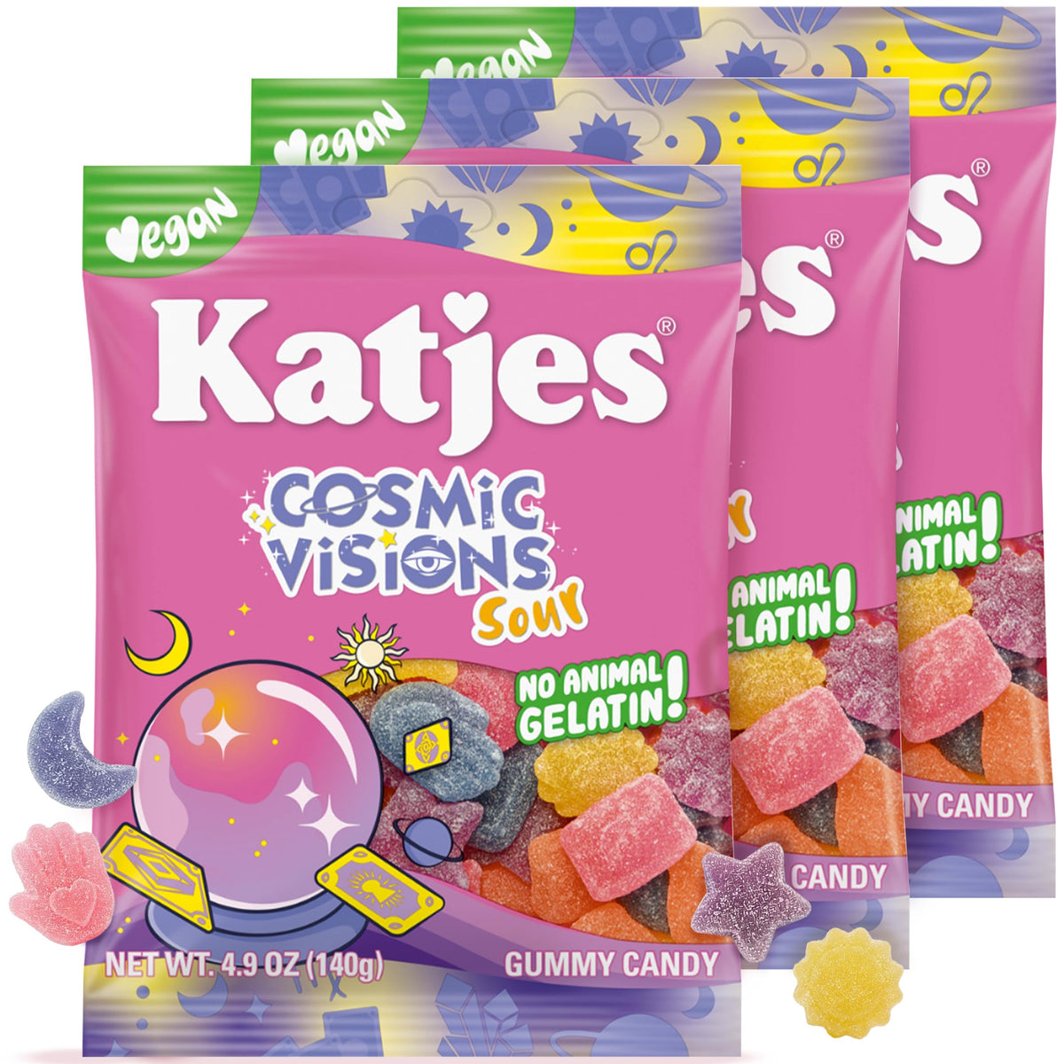 Katjes Cosmic Visions tarot cards gummies, a playful vegan treat perfect for sharing.