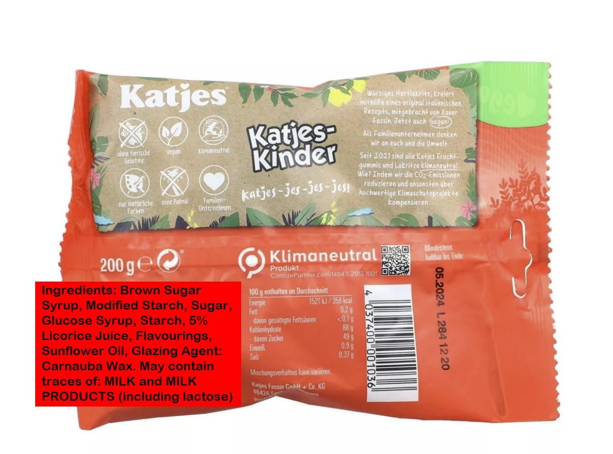 Katjes Kinder Licorice Cat Drops pack display, colorful kid-friendly treat.