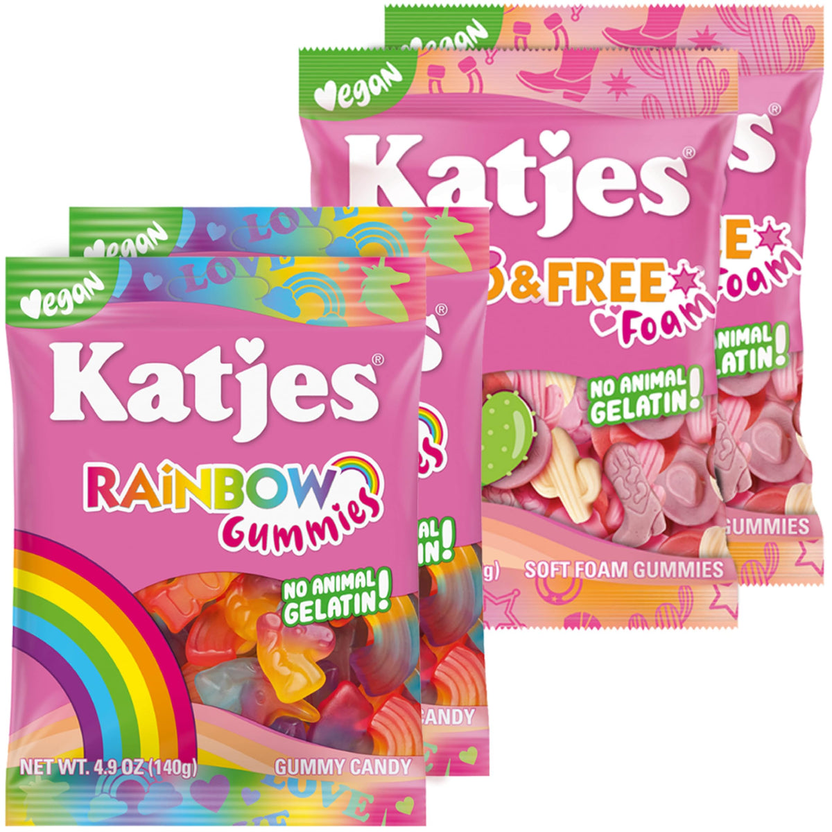 Katjes vegan rainbow gummies pack shot, colorful gelatin-free treats for plant-based snacking.