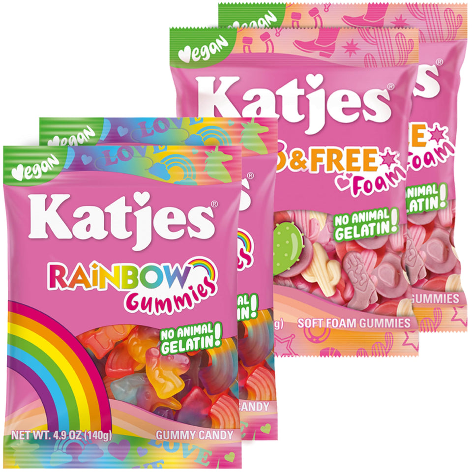 Katjes vegan rainbow gummies pack shot, colorful gelatin-free treats for plant-based snacking.