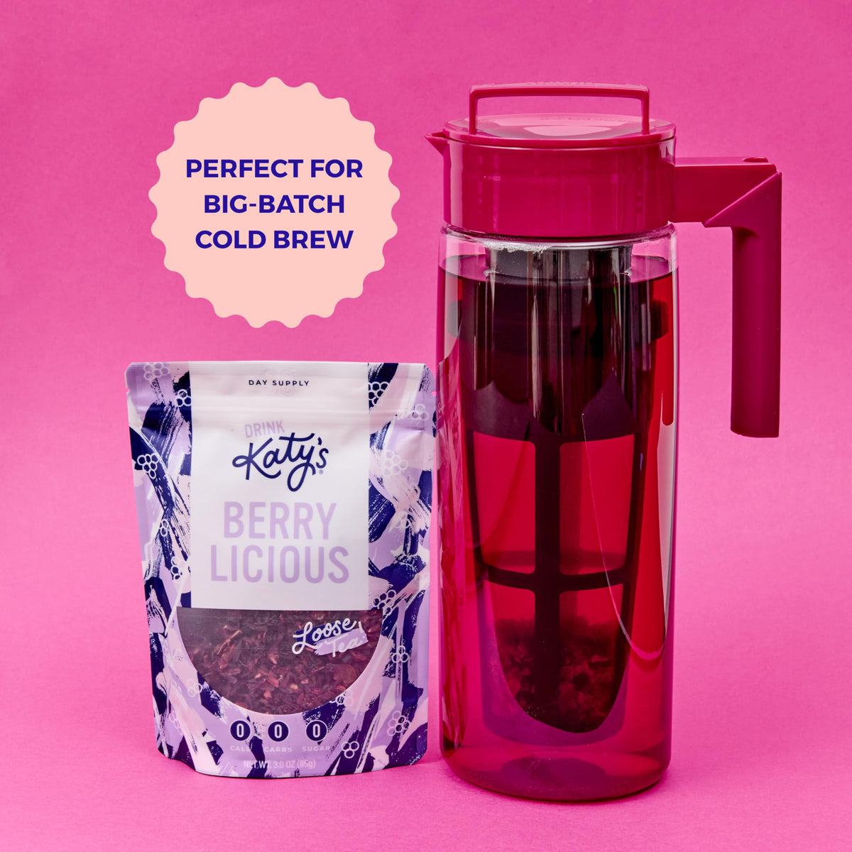 Katy’s Berry Tea 3oz pouch indicating 30+ cups