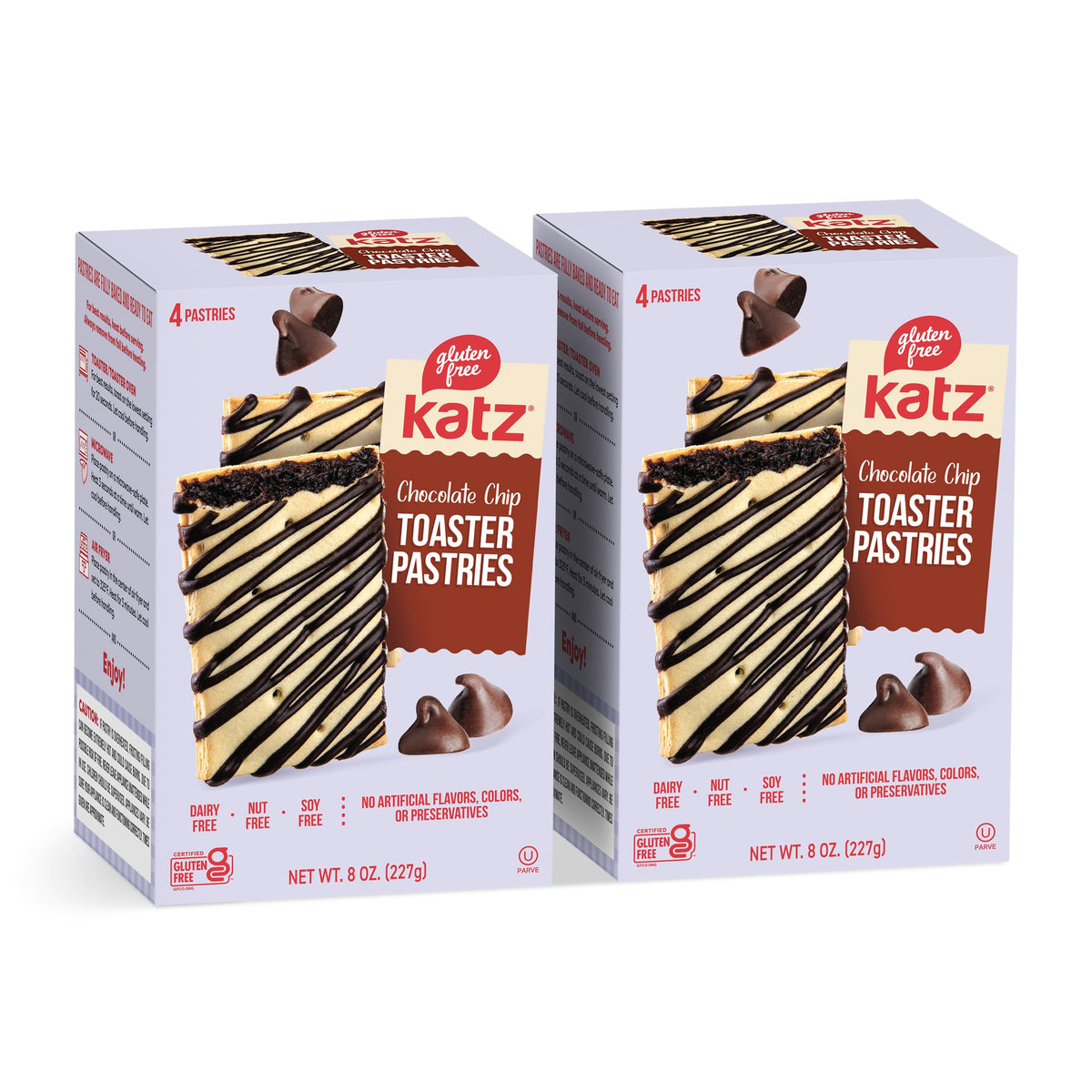 Katz gluten-free chocolate chip toaster pastries on box front for a quick breakfast