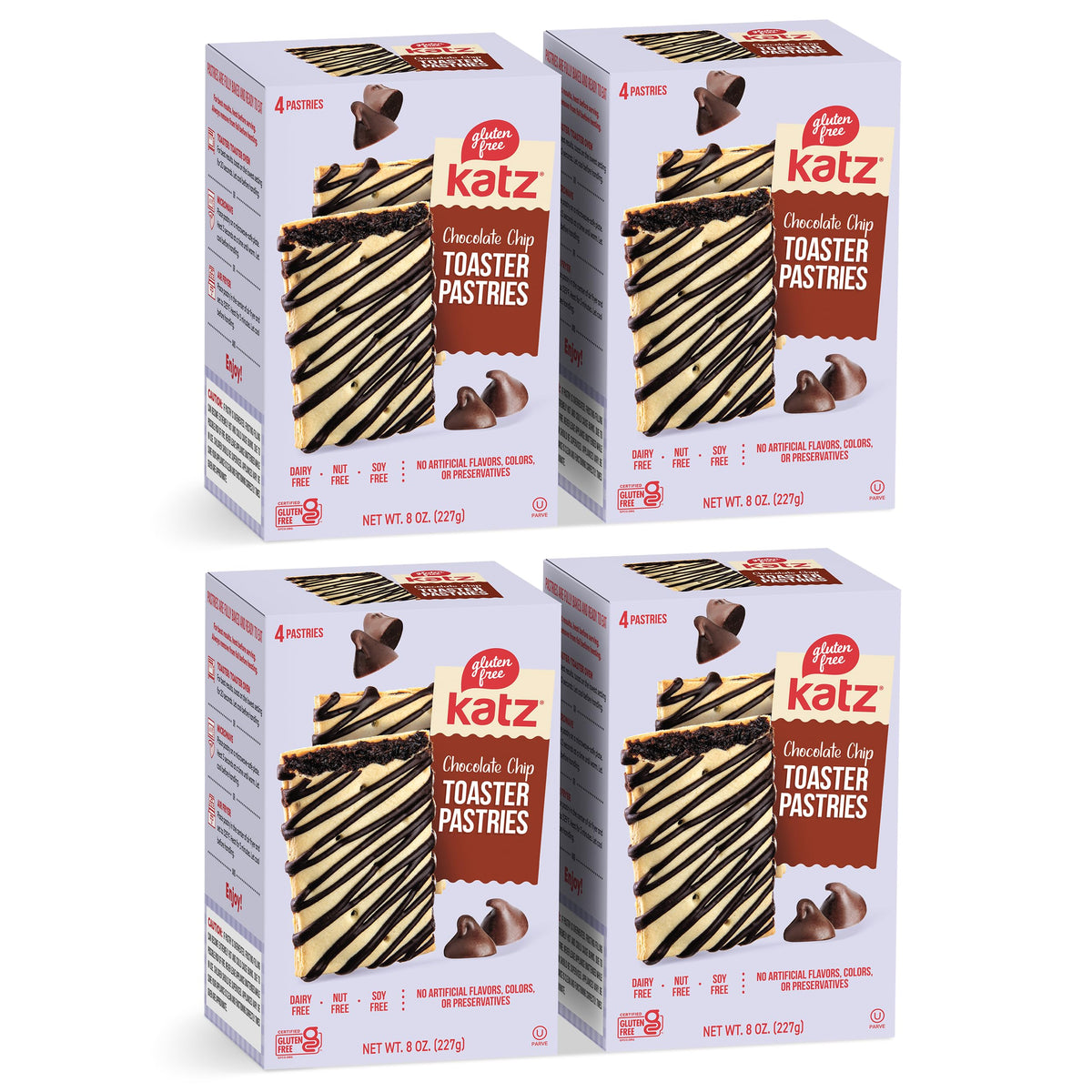 Katz Gluten Free chocolate chip toaster pastries, pack-front view, ready-to-go breakfast.