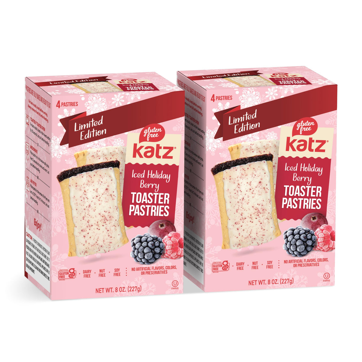 Katz Gluten Free Iced Holiday Berry Toaster Pastries in festive packaging, ready-to-eat.