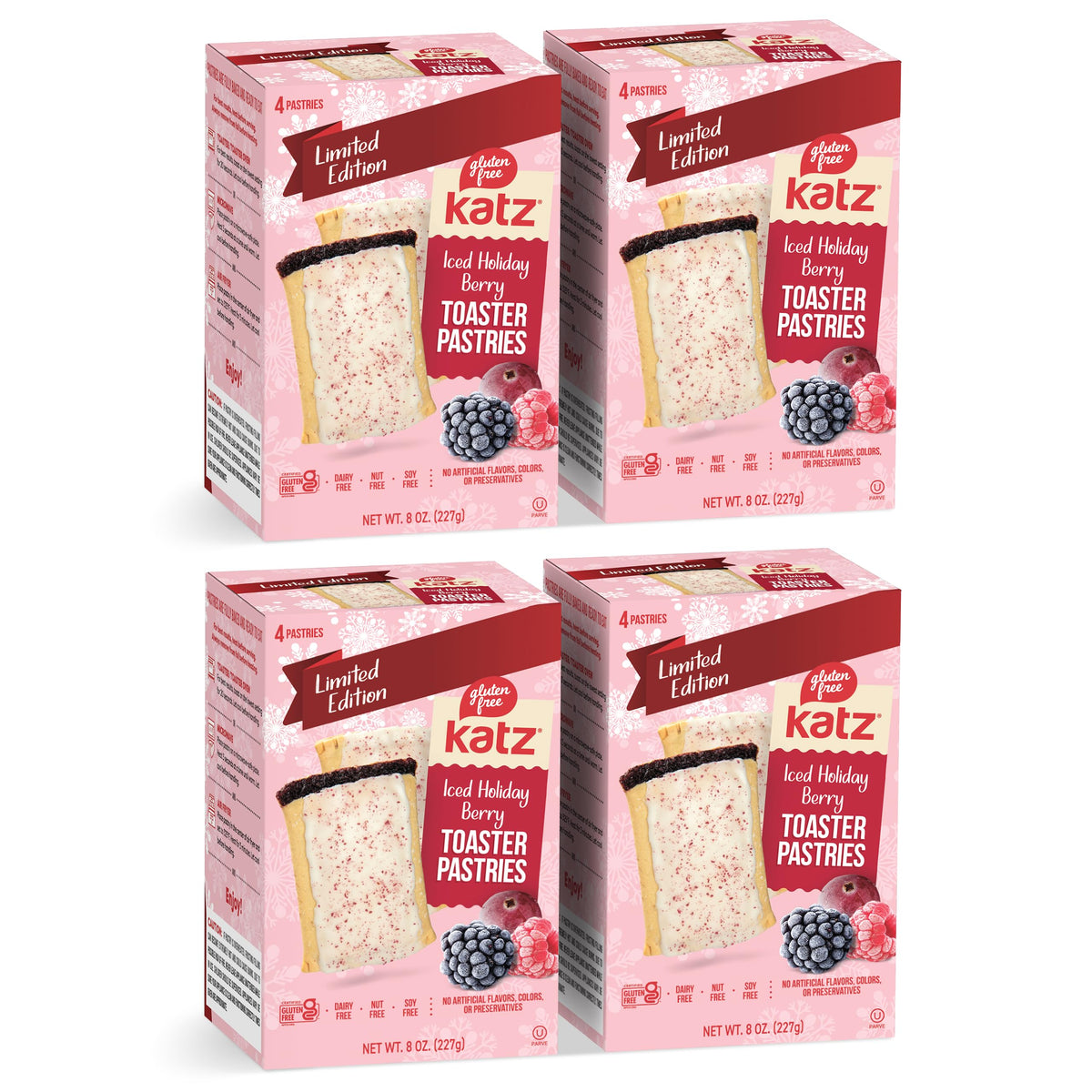 Katz Gluten Free Iced Holiday Berry Toaster Pastries pack with festive glaze, ideal grab-and-go breakfast.