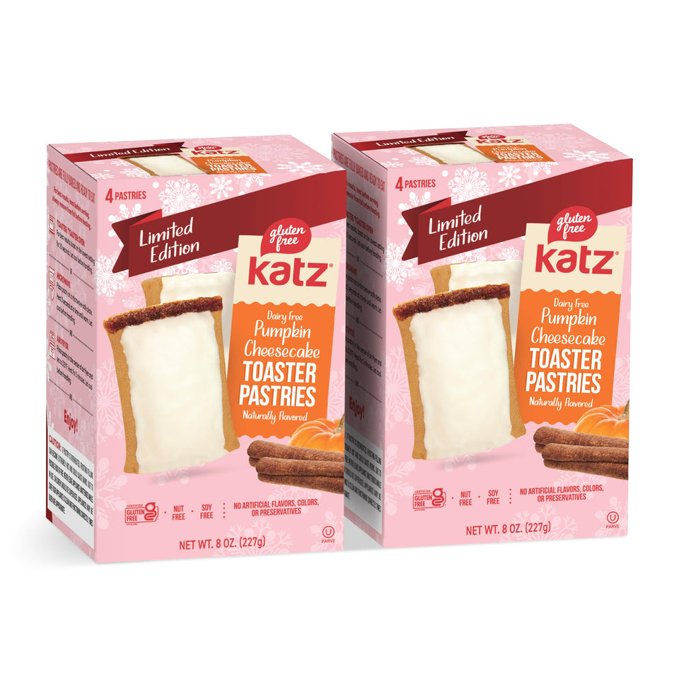 Katz Gluten Free pumpkin cheesecake toaster pastries pack showing cozy fall flavor for grab-and-go mornings