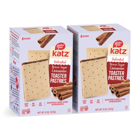 Katz Gluten Free unfrosted cinnamon toaster pastries in a pack-shot, ideal for quick school snacks.
