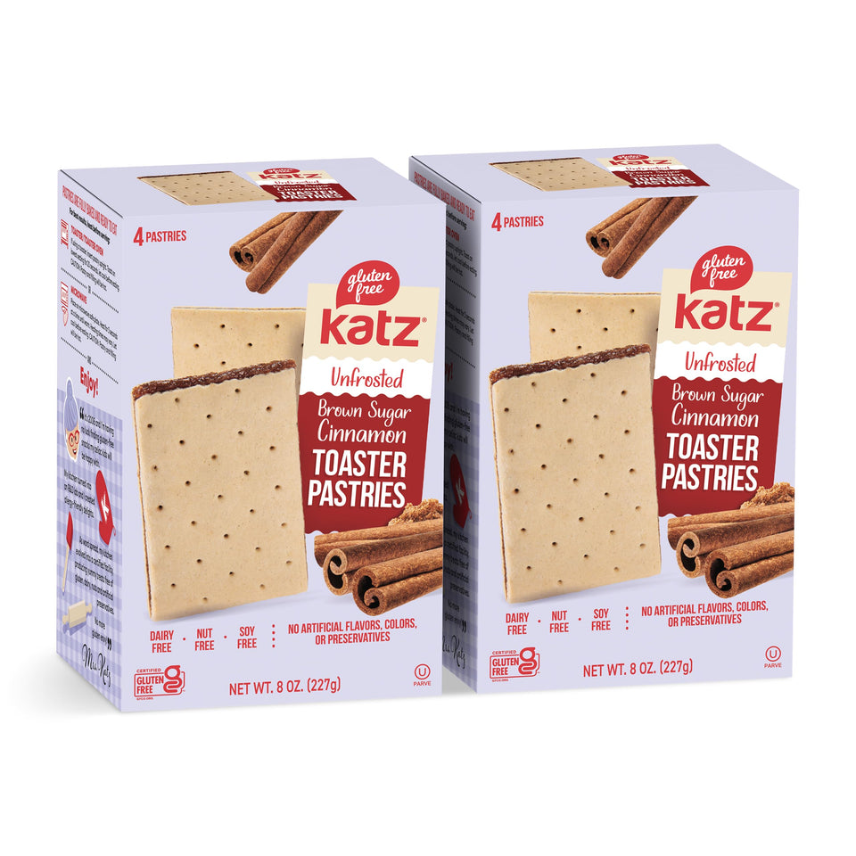 Katz Gluten Free unfrosted cinnamon toaster pastries in a pack-shot, ideal for quick school snacks.